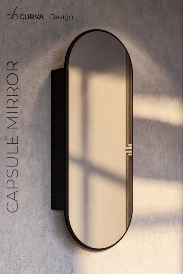 Capsule Mirror by CURVA Design – wall-mounted sleek mirror with hidden storage for small spaces.